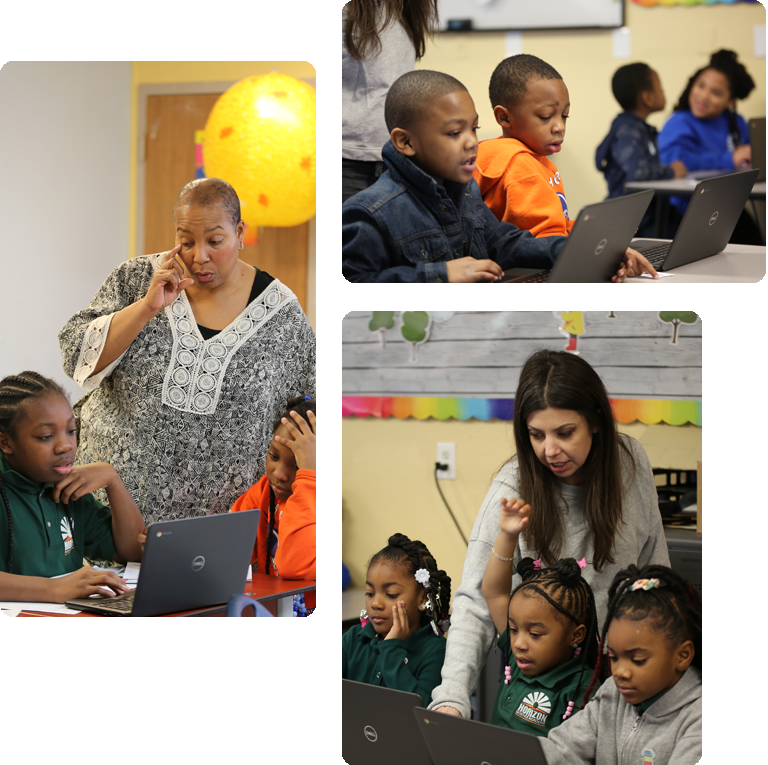 Students engaged in learning and interacting in a classroom collage